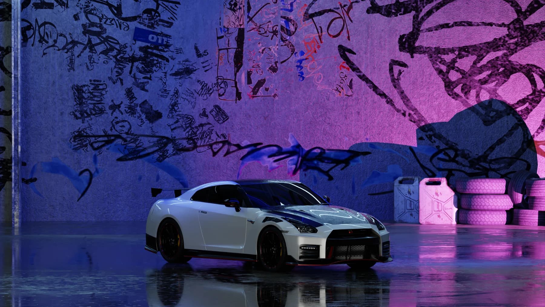 Nissan GT-R in a neon graffiti garage rendered by Jash Prajapati